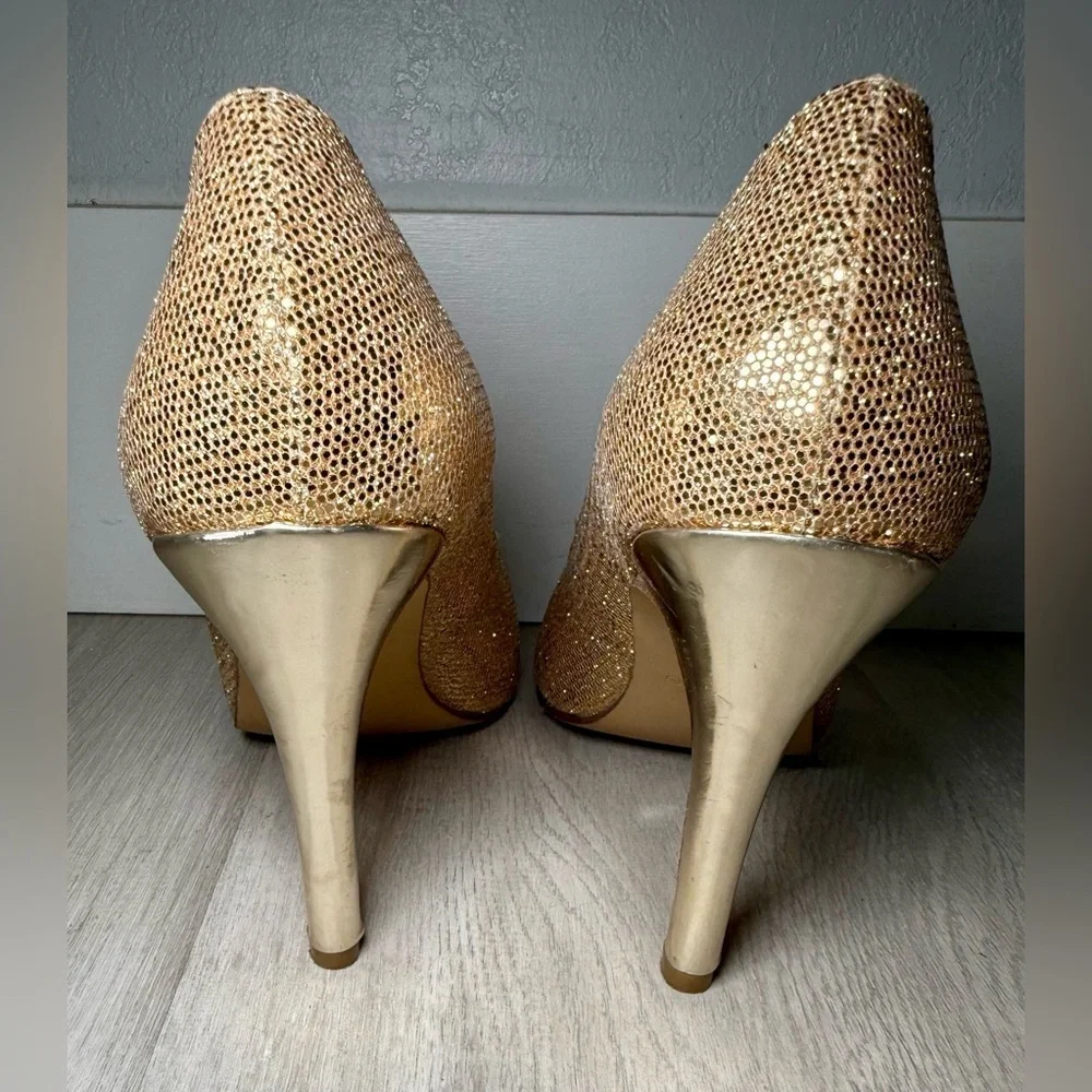 Jimmy Choo Gold Glitter Peep Toe Pumps Women’s EU 38 US 7.5 Stiletto Heels